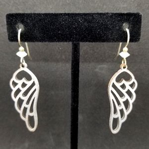 Silver wooden angel wing earrings